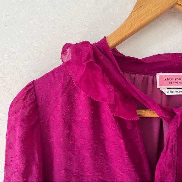 Kate Spade Fuchsia Purple 100% Silk Tie Neck Ruffle Dot Pattern Blouse - Picture 7 of 7